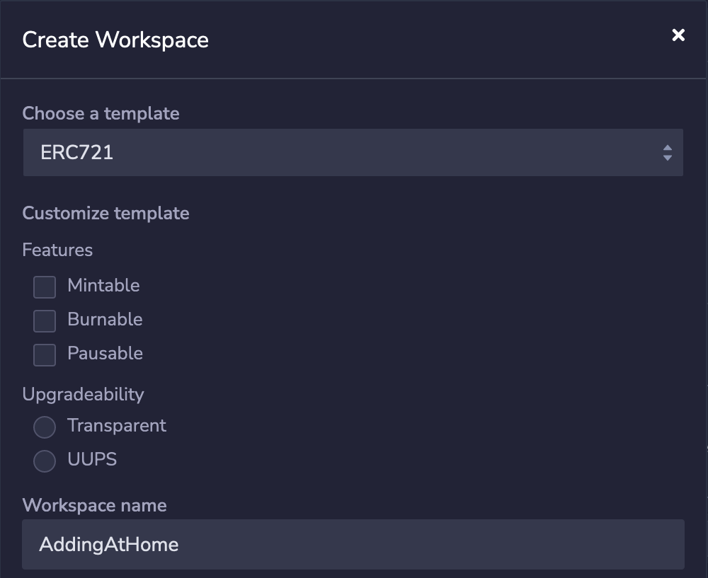 A dialog box for creating a workspace showing Open Zeppelin ERC-721 as the selected template and AddingAtHome as the name.