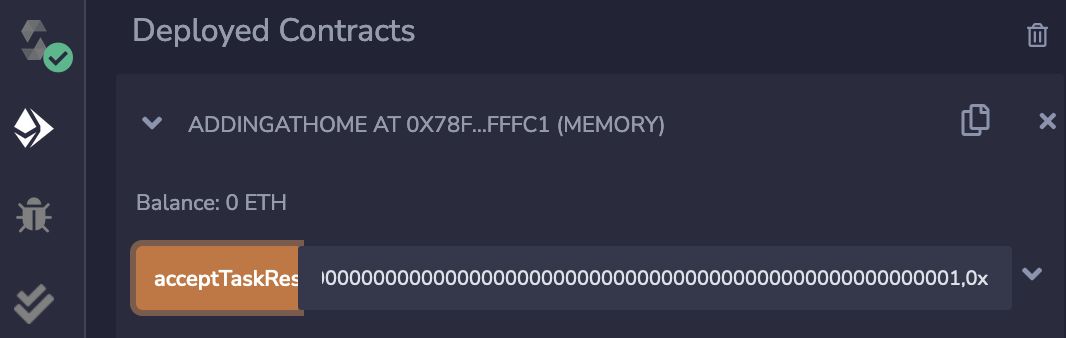 The Remix contract interaction tab with the accept task results function populated with arguments.
